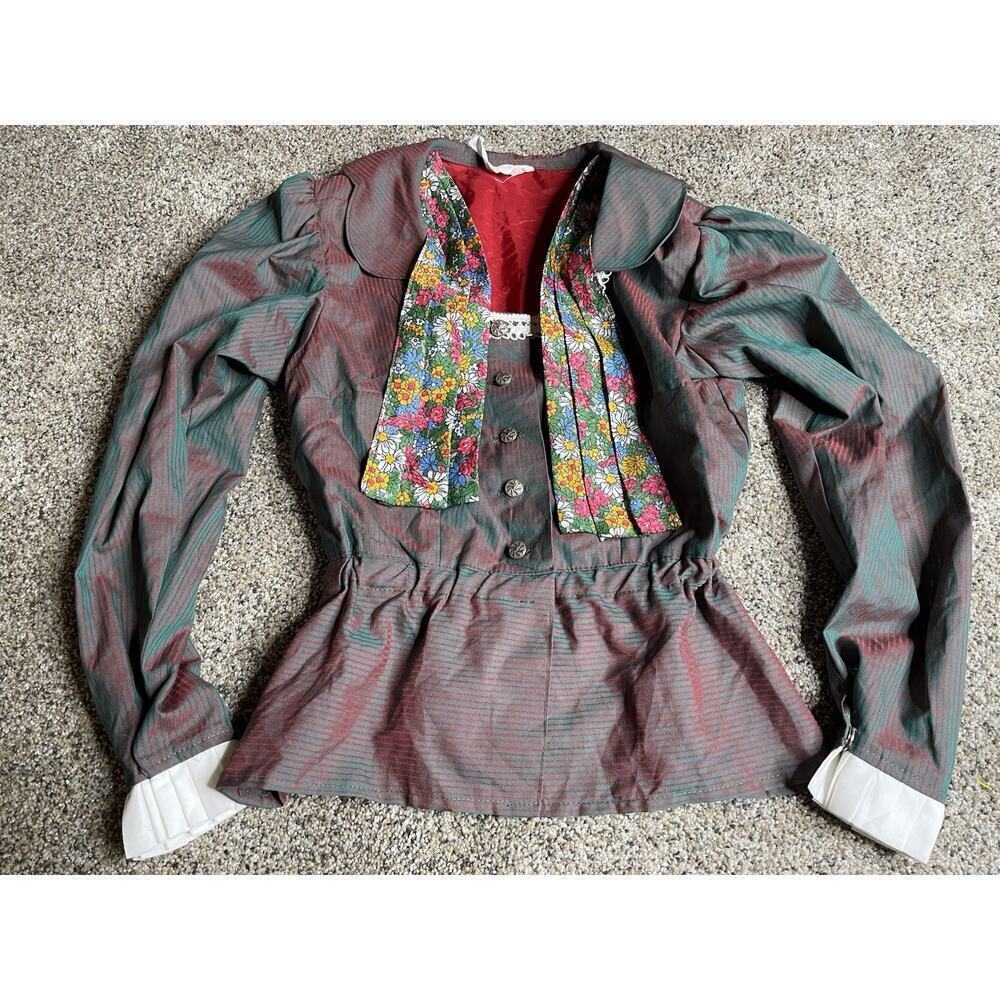 Vintage 1970s Ditsy Floral Collar Prairie Blouse Top Green Red Sheen Size Small